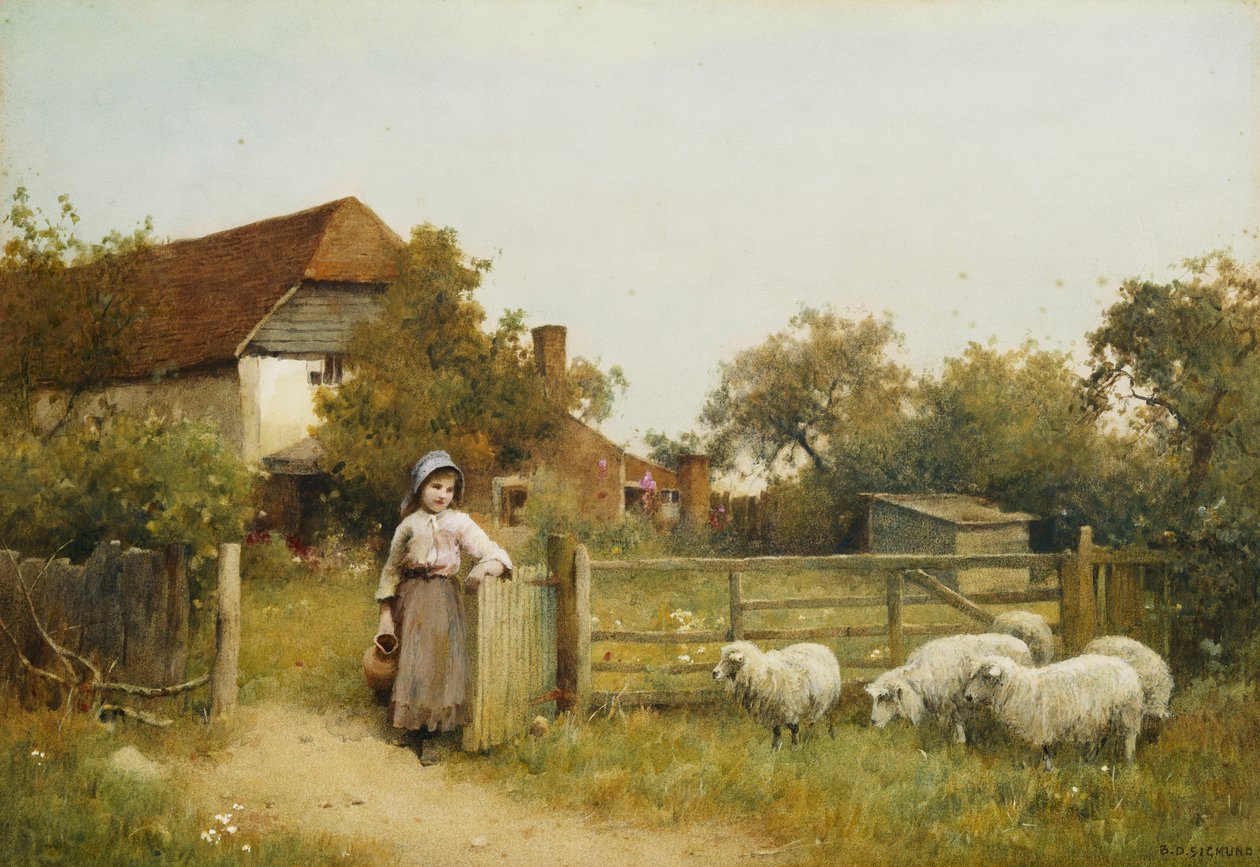 Fiatal lány juhokkal, egy kunyhó mellett alkotó: Benjamin D. Sigmund