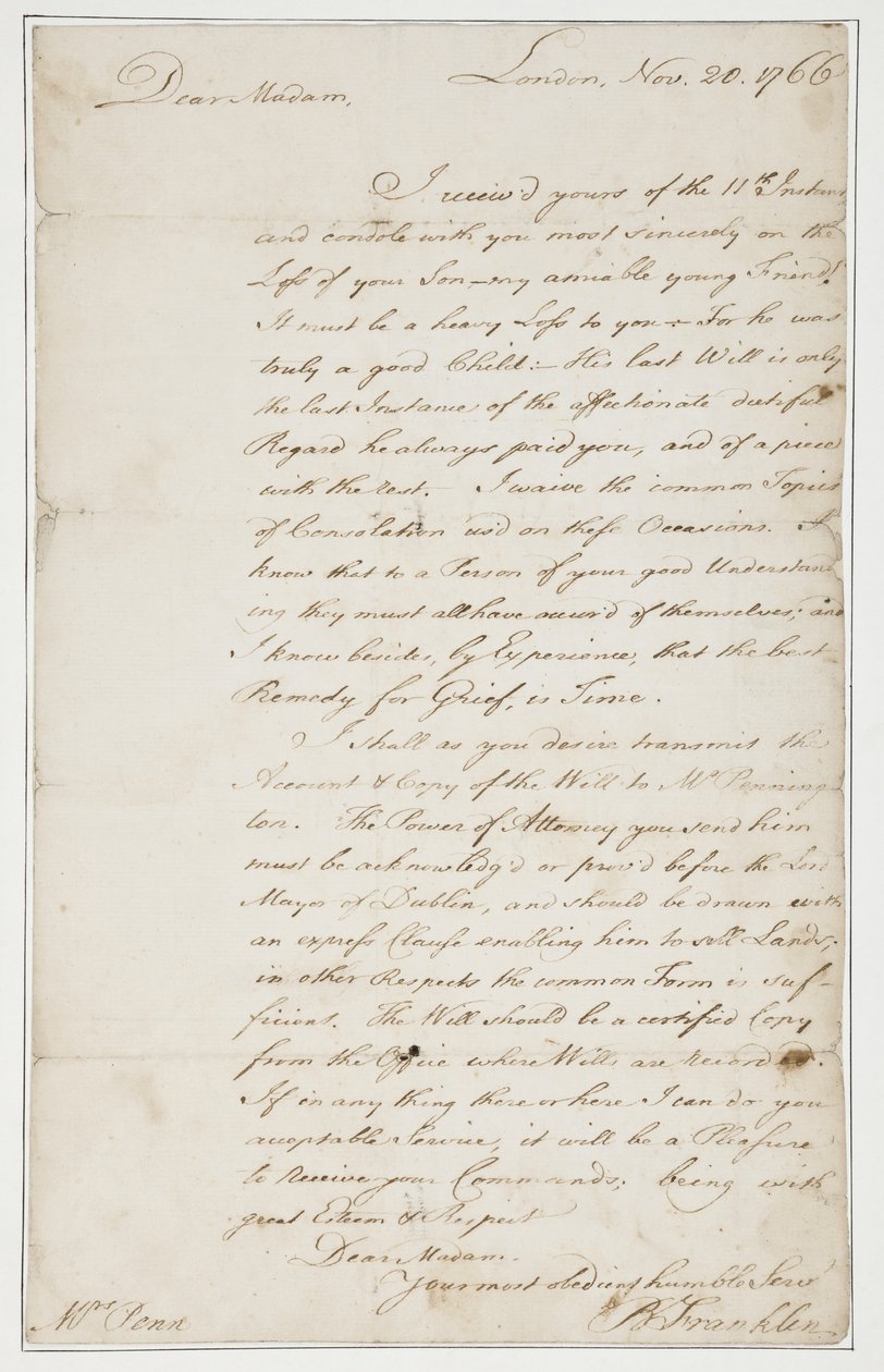 Autogram levél Mrs. Ann Pennnek, London, 1766. november 20. (toll és tinta papíron) alkotó: Benjamin Franklin