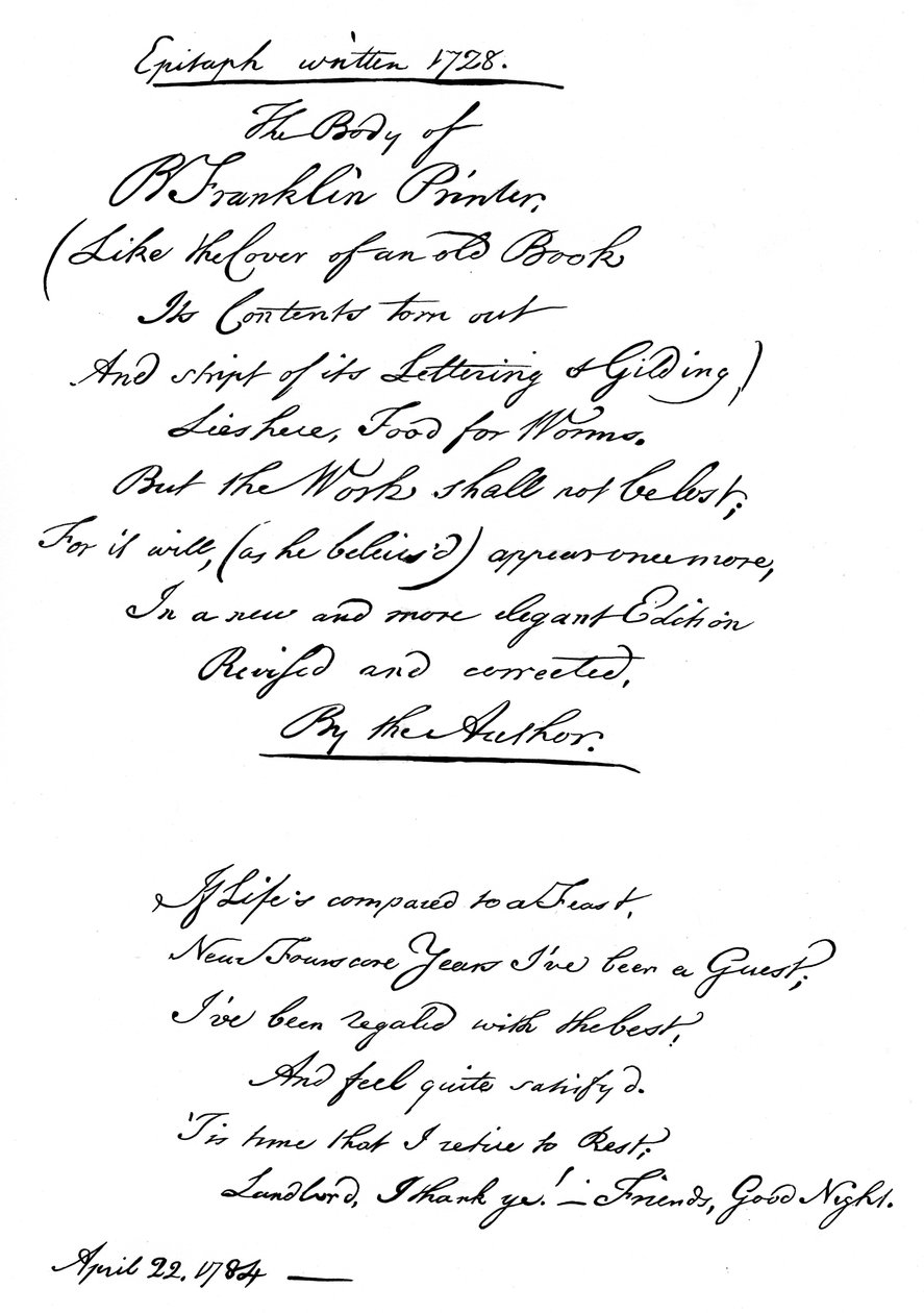 Benjamin Franklin sírfelirata, saját maga írta, 1728, 1840 alkotó: Benjamin Franklin