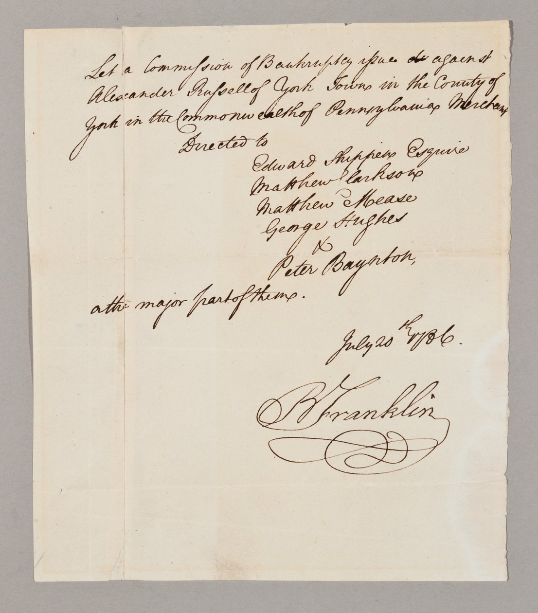 Csődbizottság, 1786. július 20. (toll és tinta papíron) (lásd még: 2561291-93) alkotó: Benjamin Franklin