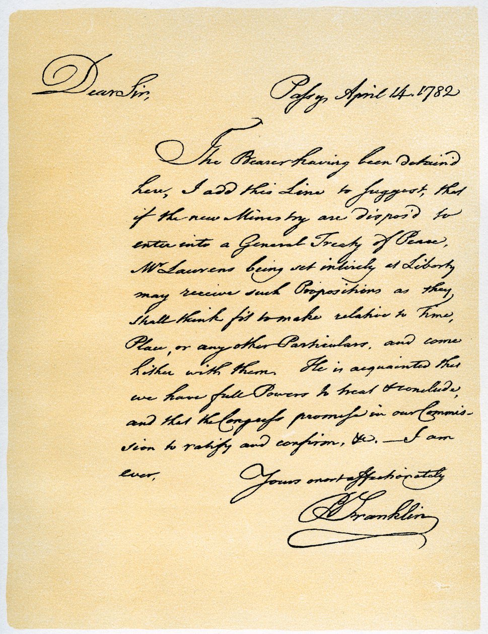 Benjamin Franklin levele David Hartley képviselőnek, 1782. április 14. alkotó: Benjamin Franklin