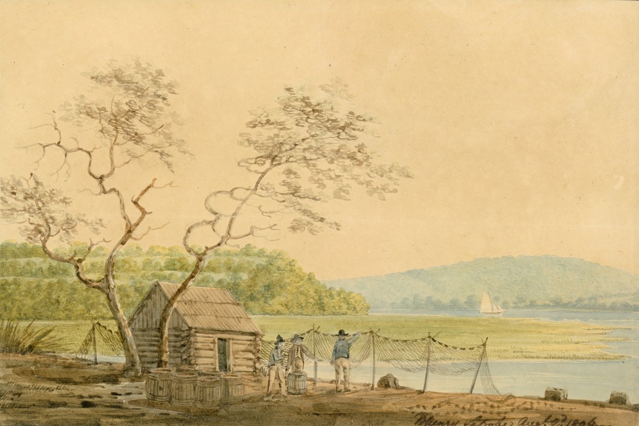 Kilátás a Packet Wharfról a Frenchtownban Lenézett az Elk Creek-re, 1806. alkotó: Benjamin Henry Latrobe