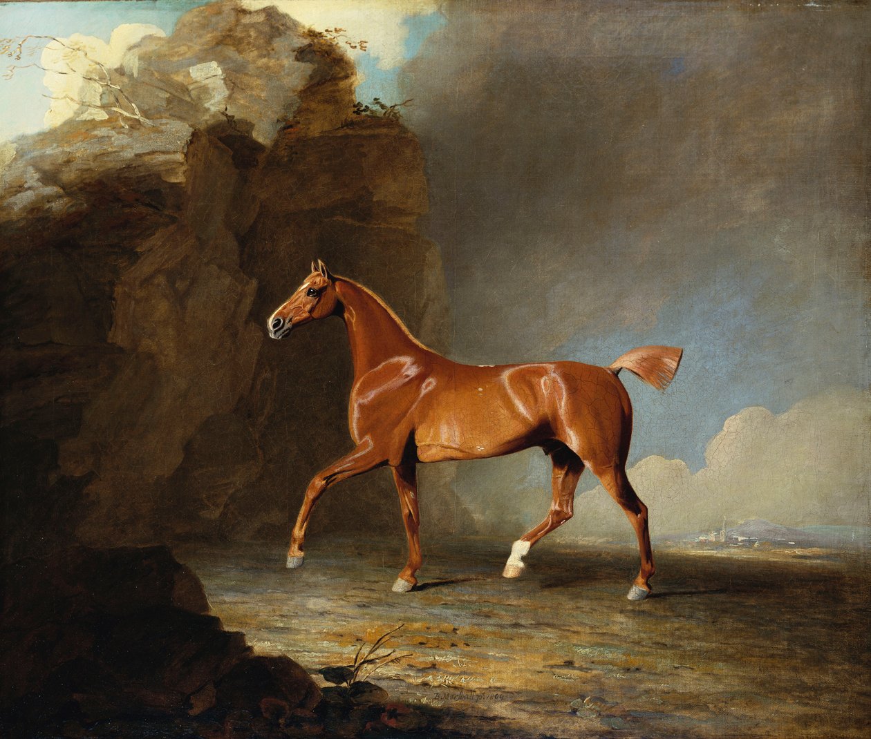 Arany gesztenye versenyló egy sziklaképződménynél, 1800 alkotó: Benjamin Marshall