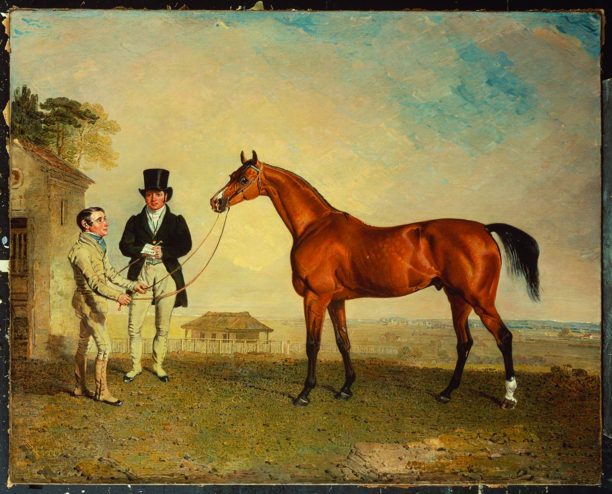"Skiff", egy öböl Racehorse, amelyet egy vőlegény tart a Newmarket Heath-en, John Howe-val, az istálló tulajdonosával az oldalán, 1829 alkotó: Benjamin Marshall