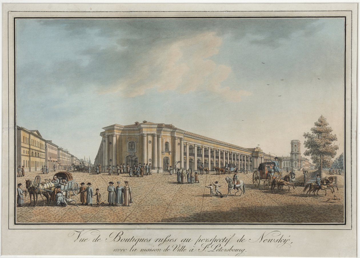 Nevsky Prospekt (perspektíva Nevski) a Nagy Gostiny Dvor és a városi duma közelében Szentpéterváron - Benjamin Paterssen (1748-1815). Rézkarc, akvarell, 1802 után. Szentpétervári Állami Történeti Múzeum alkotó: Benjamin Patersson