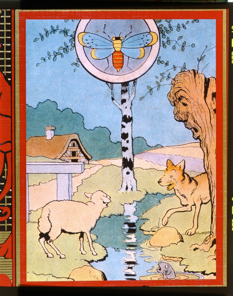 Illusztráció a Farkas és a bárányhoz, Jean de La Fontaine (1621-95) „Fables” című művéből (színes metszet) alkotó: Benjamin Rabier