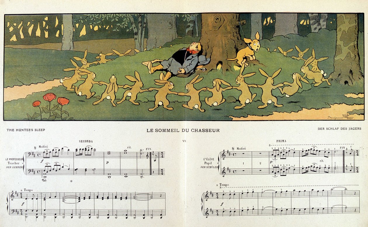 Nyulak egy álmos vadász körül – Jane Vieu „Les images en musique” című filmjében, illusztrálta: Benjamin Rabier (1864-1939) alkotó: Benjamin Rabier