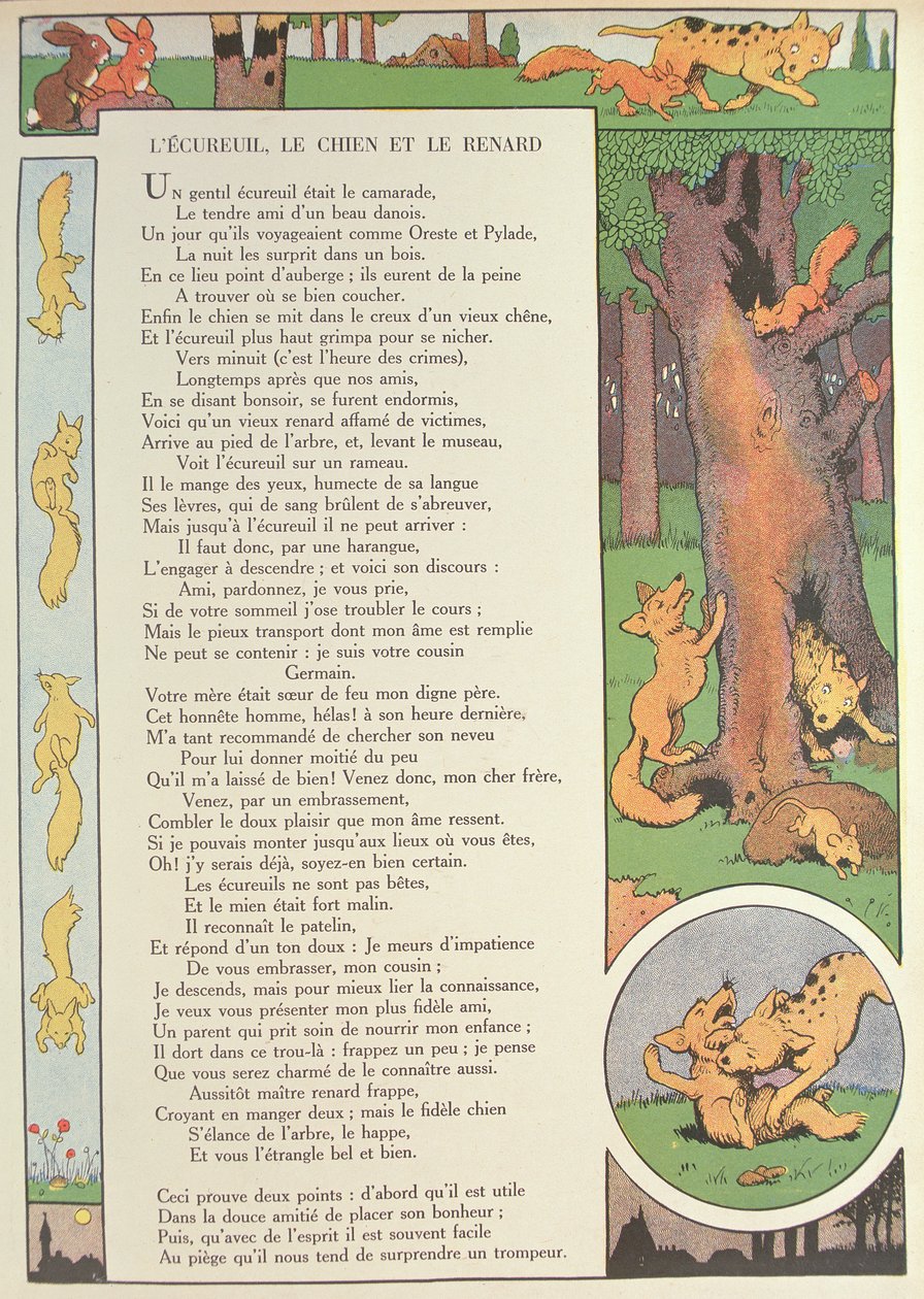 A mókus, a kutya és a róka, Jean de La Fontaine (1621-95) „Fables” című művéből (színes metszet) alkotó: Benjamin Rabier