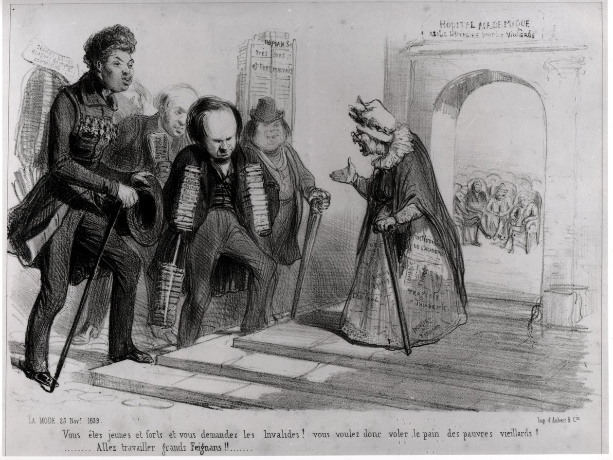 Dumas, Hugo és Balzac felvételt kér a Francia Akadémiára, illusztráció a „La Mode”-ból, 1839. november 23. (metszet) (bw fotó) alkotó: Benjamin Roubaud