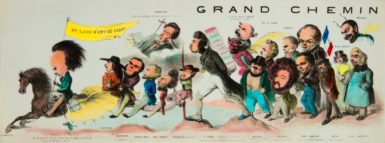 A poszter nagy lovaglása. (Monte a romantikus Pegase-on, Victor Hugo (1802-1885), a Hugolatres királya, jó toledói pengéjének fegyvere és a Notre-Dame de Paris zászlaját viselte, elvitte Theophile Gautier-t (1811-1872), Bernard Adolphe Granier-t. alkotó: Benjamin Roubaud