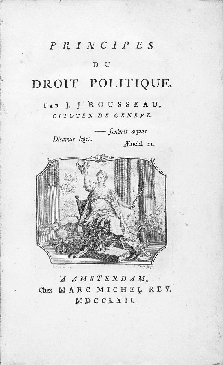 Jean Jacques Rousseau "Principals of Political Right" címlapja, a Szabadság allegorikus matricájával, Borly metszetével, 1762-ben megjelent alkotó: Benjamin Samuel Bolomey