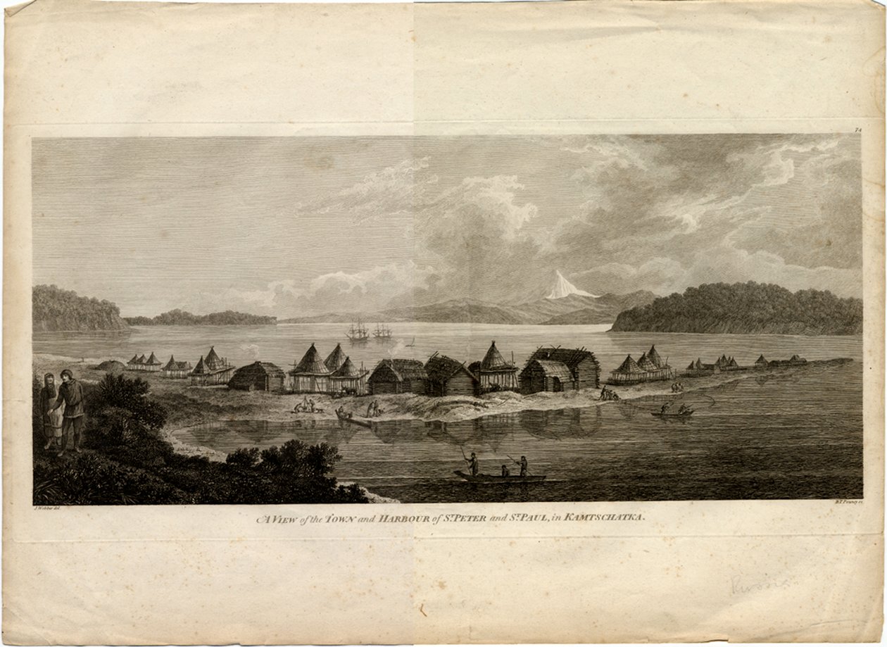 Kilátás Petropavlovsk-Kamchatsky városára és kikötőjére a Csendes-óceán felé vezető útról, 1785 alkotó: Benjamin Thomas Pouncey