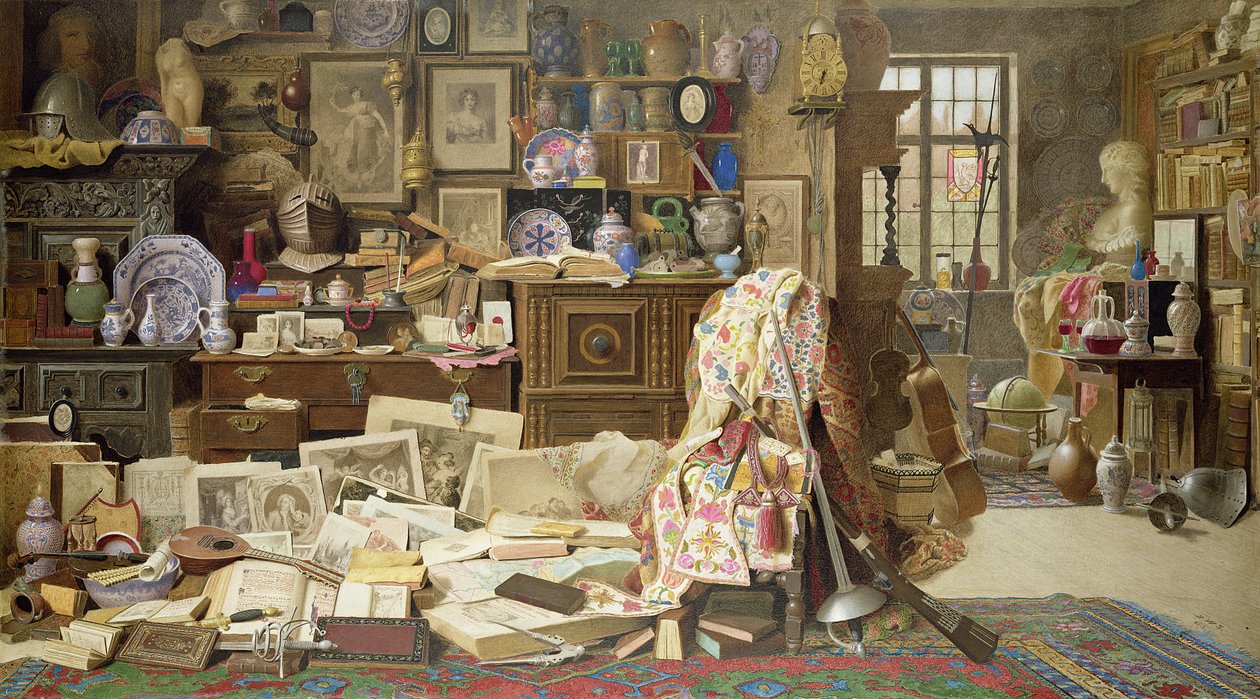 Páncélok, nyomatok, képek, csövek, Kína (minden repedt) régi rozoga asztalok és székek, törött hátú, 1882 (wc testszínnel, papíron) alkotó: Benjamin Walter Spiers