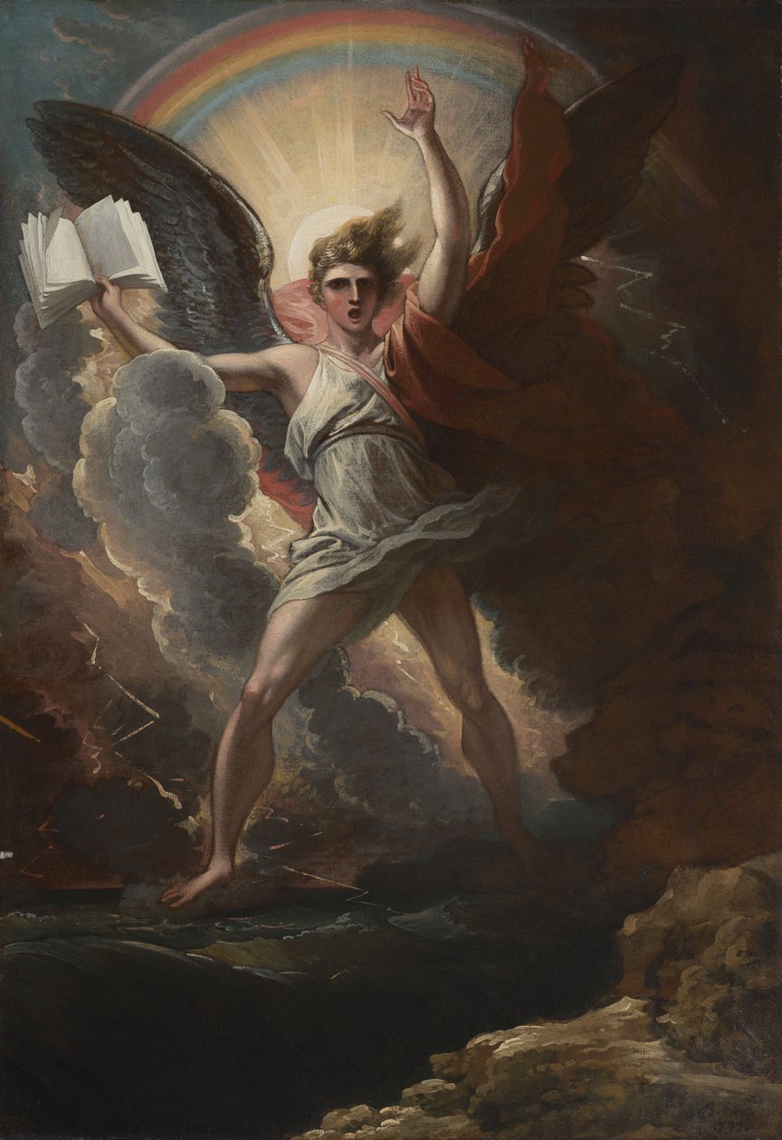Egy hatalmas angyal áll a szárazföldön és a tengeren alkotó: Benjamin West