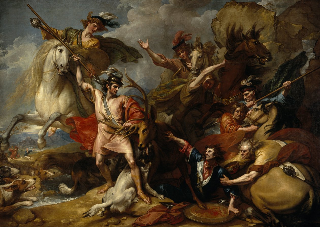 III. Sándor skót királyt Colin Fitzgerald rettenthetlensége menti meg egy szarvas dühétől („A szarvas halála“) alkotó: Benjamin West