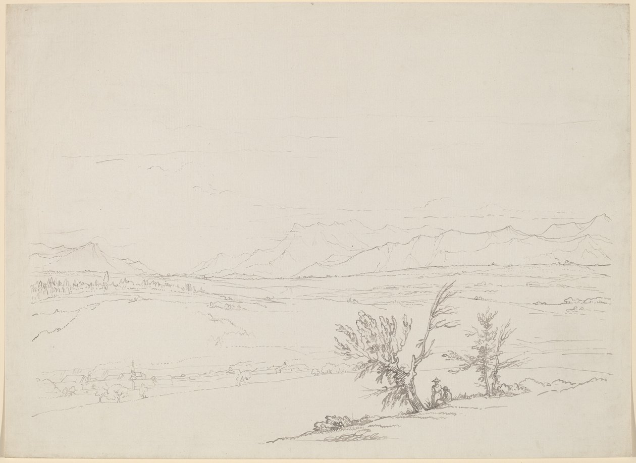 Alpesi táj egy párral a fák mellett, kilátással a völgyre alkotó: Benjamin West