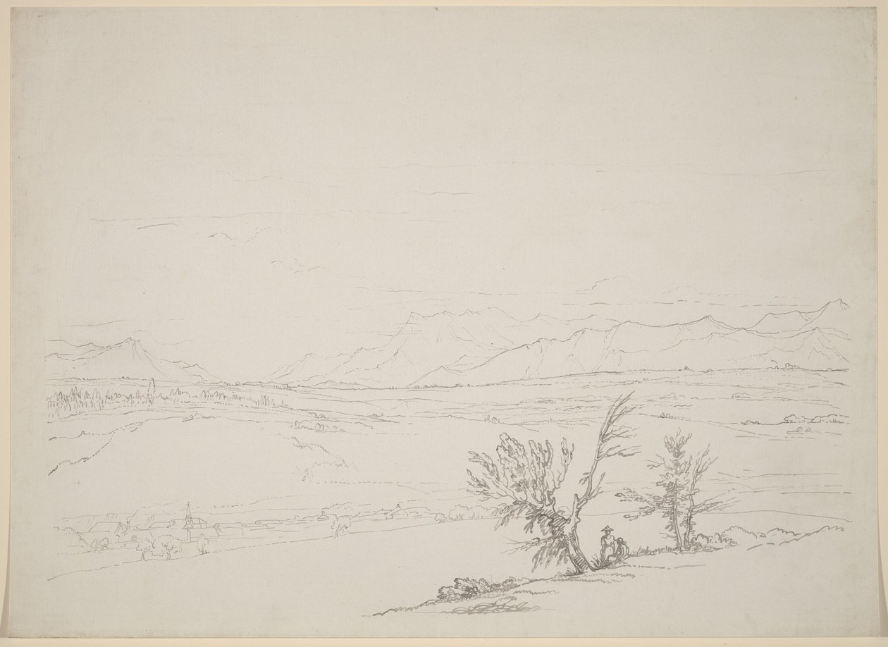 Alpesi táj, egy pár ül a fák mellett, kilátással a völgyre alkotó: Benjamin West