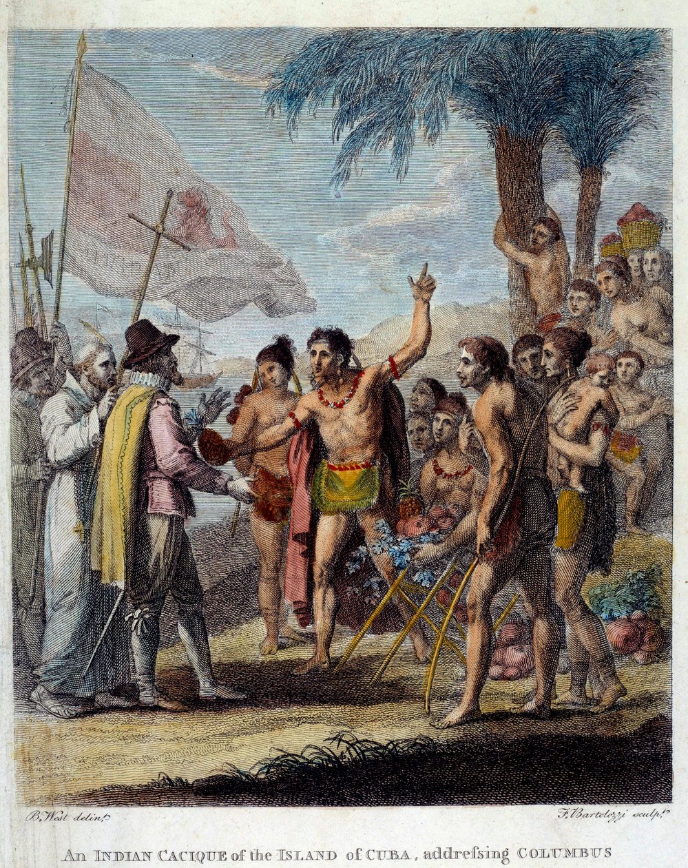 Egy indiai Cacique Kuba szigetéről üdvözli Kolumbusz Kristóf (1451-1506) és az európai katonai és egyházi képviselőket, hogy megvitassák egy új állam létrehozását. Frontispice „A nyugati brit gyarmatok polgári és kereskedelmi története alkotó: Benjamin West