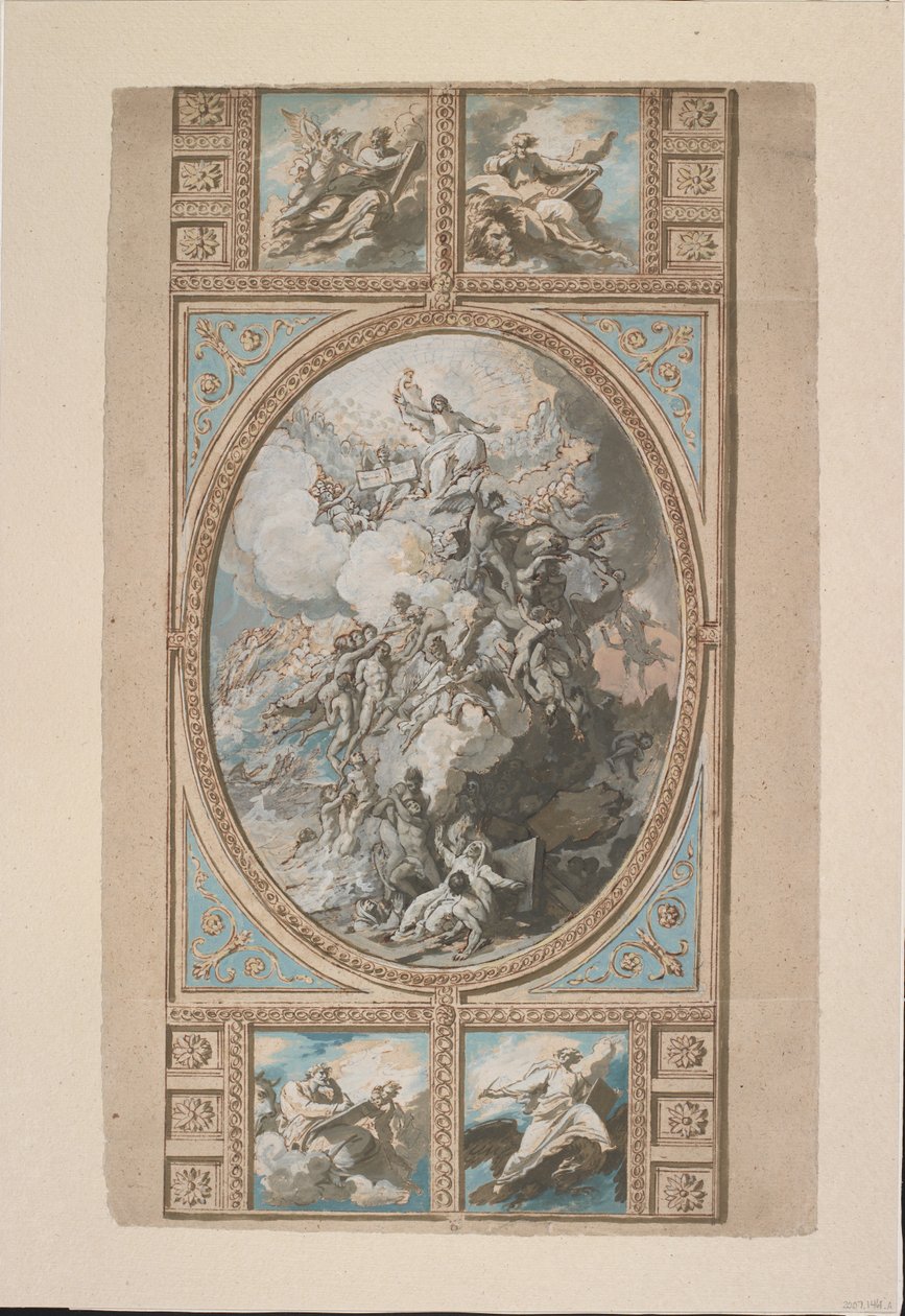 Tervezés a királyi kápolna mennyezeti dekorációjához, Windsori kastély (recto), 1779 körül (fekete kréta, toll és barna tinta és akvarell, fehér, szürke és kék testfestékkel és barna mosással kiemelve alkotó: Benjamin West