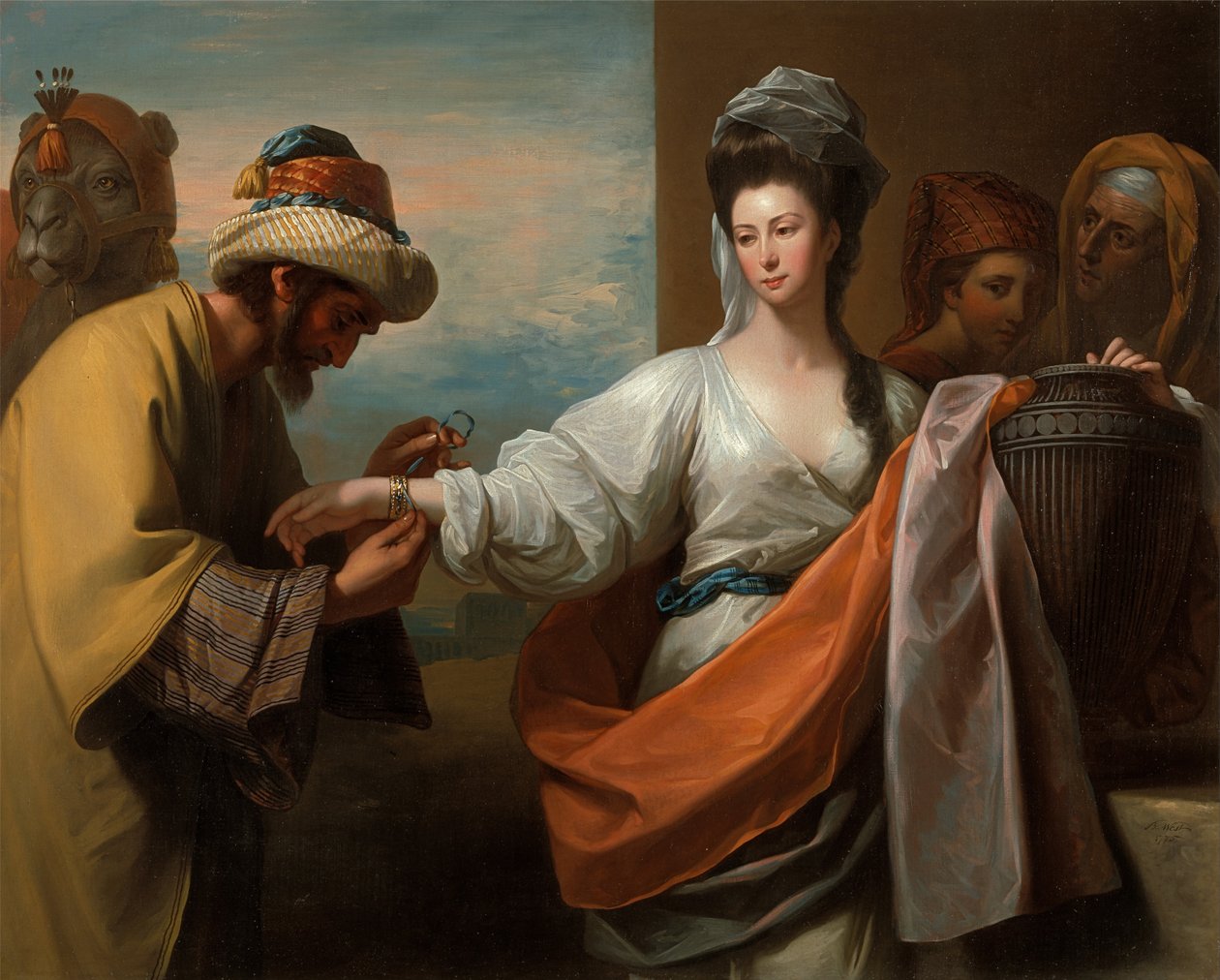 Izsák szolgája köti a karkötőt Rebeka karjára. alkotó: Benjamin West