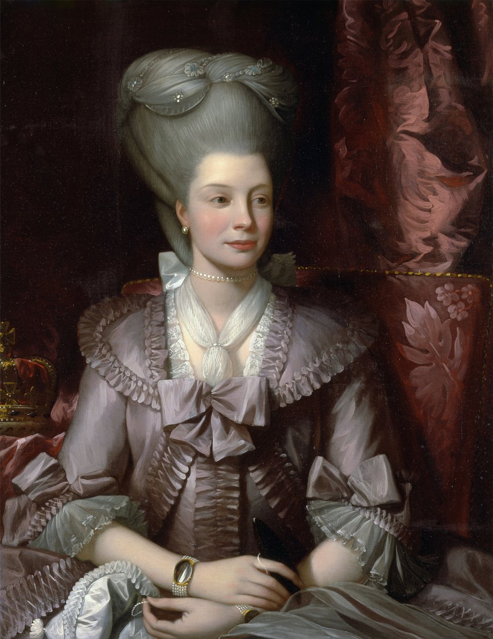 ""Charlotte királynő (Sophia-Charlotte, Sophia Charlotte), mecklenburgi Strelitz (1744-1818), III. György angol felesége" - zongorázott West, Benjamin (1738-1820) Charlotte, az Egyesült Királyság királynője (1744-1818) ) Olaj, vászon 1777 Yale Universi alkotó: Benjamin West