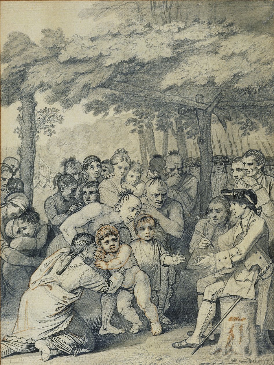 Az indiánok kiszállítják az angol foglyokat Bouquet ezredesnek a tábora közelében, Muskingumban, Észak-Amerikában 1764 novemberében, 1769 körül (tinta és mosás papíron) alkotó: Benjamin West