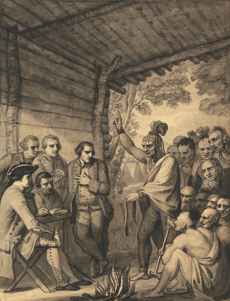 Az indiánok beszédet tartanak Bouquet ezredessel egy konferencián a tanácsi tűznél az amerikai Muskingum partján lévő tábora közelében, 1764 októberében, 1765 alkotó: Benjamin West