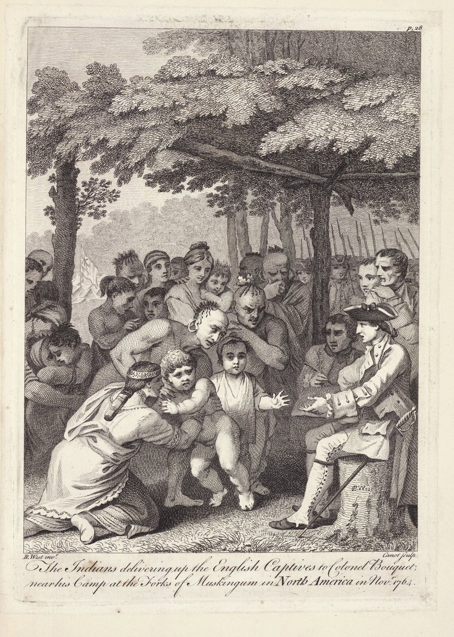 Az indiánok átadják az angol foglyokat Bouquet ezredesnek az észak-amerikai Forks of Muskingham-i tábor közelében 1764 novemberében. alkotó: Benjamin West