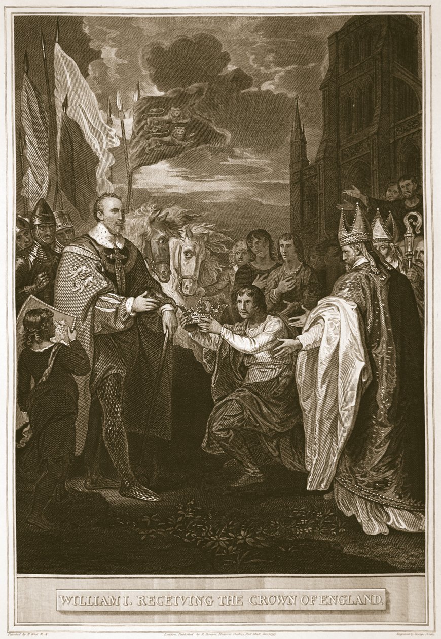I. Vilmos átveszi Anglia koronáját, George Noble metszete, illusztráció David Hume „Anglia története” című kocsmájából. R. Bowyer, London, 1812 alkotó: Benjamin West