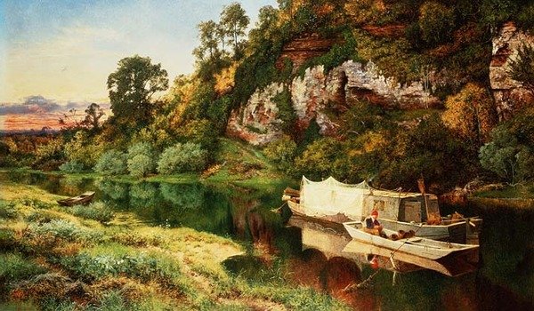 Folyói táj angolnacsapdákat készítő halászsal alkotó: Benjamin Williams Leader