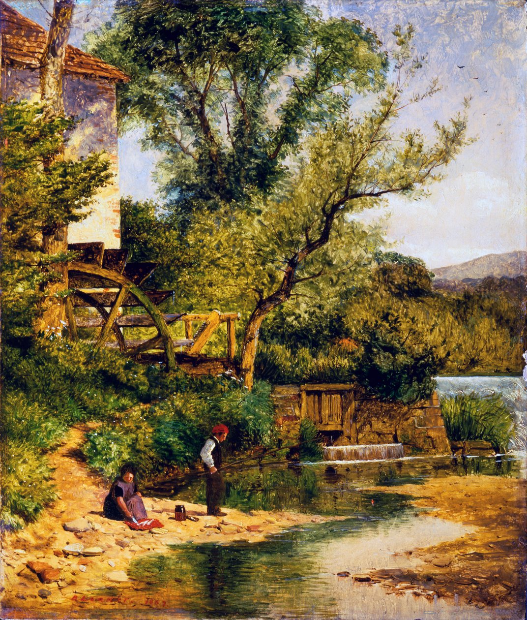 Halászat a malom mellett (olaj, vászon) alkotó: Benjamin Williams Leader