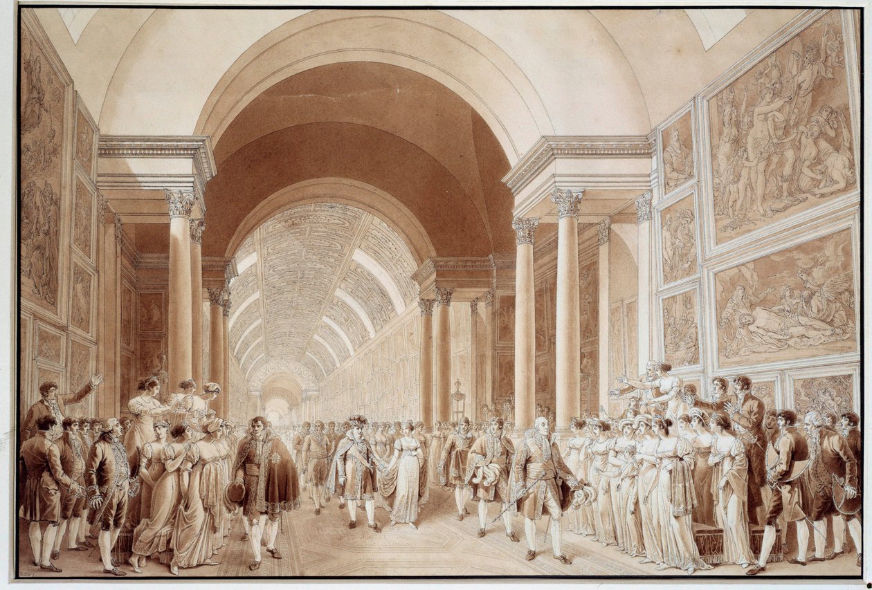 I. Napóleon (1769-1821) menyasszonyi kortezsének képe Habsburg-Lotaringiai Marie Louise főhercegnővel (1791-1847), 1810.04.02. a Grande Galerie du Louvre-ban Benjamin Zix (1772-1811) nyomatai, 1810. Dim. 0,4x0,6 m Párizs, Louvre Múzeum alkotó: Benjamin Zix