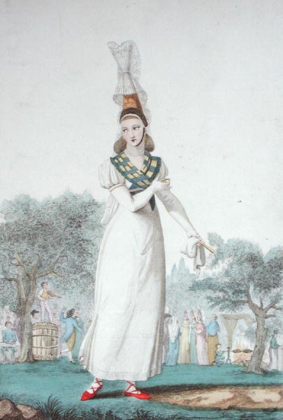 Kauchoise hagyományos viseletben ünnepekre, Gatine metszete 1830 körül (színes litó) alkotó: Benoit (after) Pecheux
