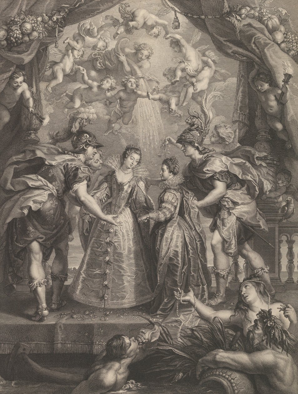 17. tábla: A két hercegnő cseréje Hendaye-ban, allegorikus jelenet Annával, 1707-1010 alkotó: Benoit Audran I