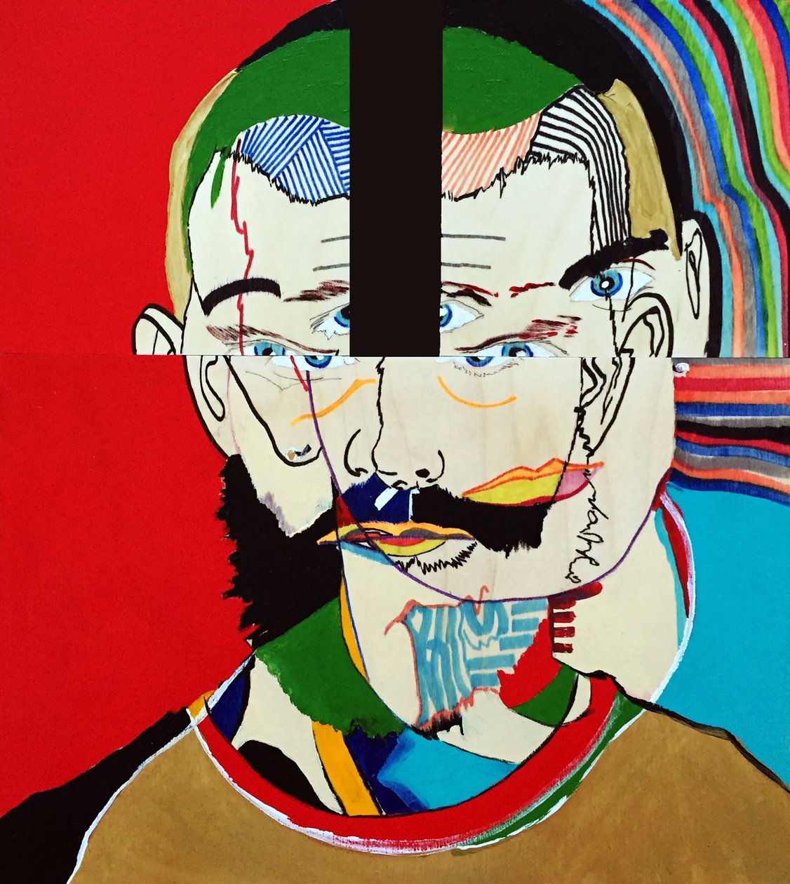 Surportrait : Mathieu Leroux, 2021 (olaj és akril, 3 egymás melletti fapanelre) alkotó: Benoit Erwann Boucherot