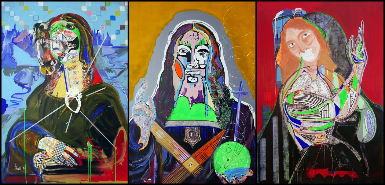 Triptichon Leonardo da Vinci után, 2019 (olaj, papír és akril 3 egymás melletti vászonra) alkotó: Benoit Erwann Boucherot
