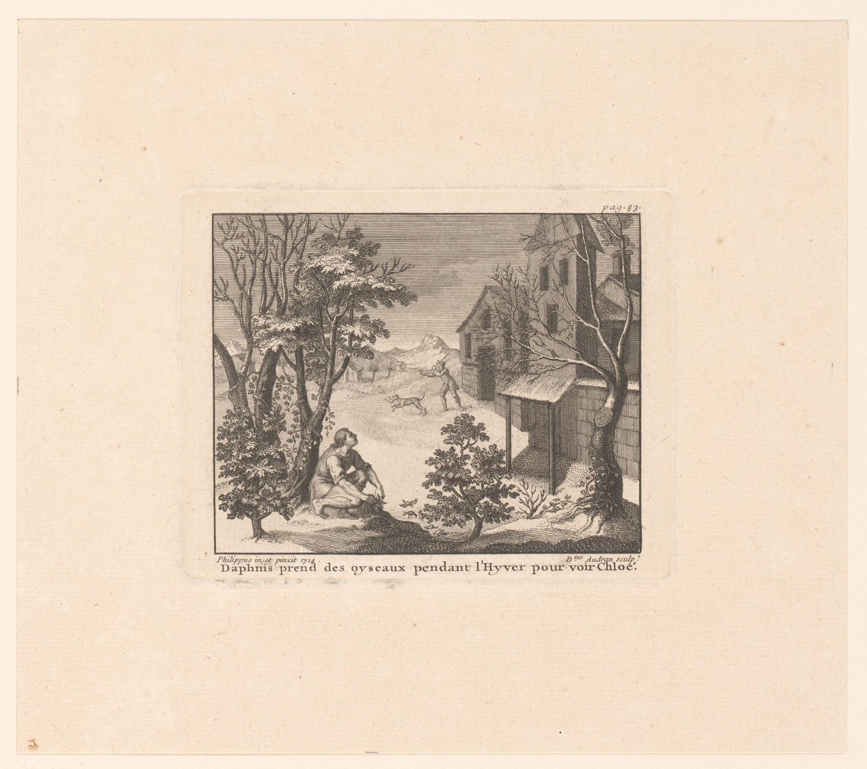 Daphnis op vogeljacht in de winter Daphnis télen elviszi a madarakat, hogy lássa Chloét (cím a tárgyon) alkotó: Benoît Audran (I)