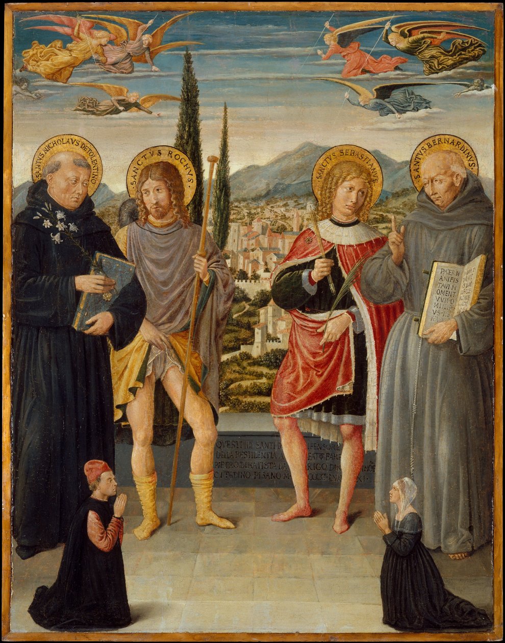 Tolentinoi Szent Miklós, Roch, Sebastian és Sienai Bernardino, térdelő donorral alkotó: Benozzo di Lese di Sandro Gozzoli