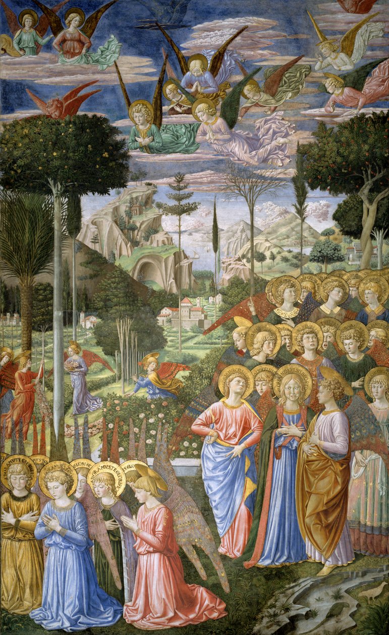 Angyalok mennyei tájban, az apszis jobb oldali fala, a kápolnában lévő Bölcsek utazása ciklusból, 1460 körül. alkotó: Benozzo di Lese di Sandro Gozzoli