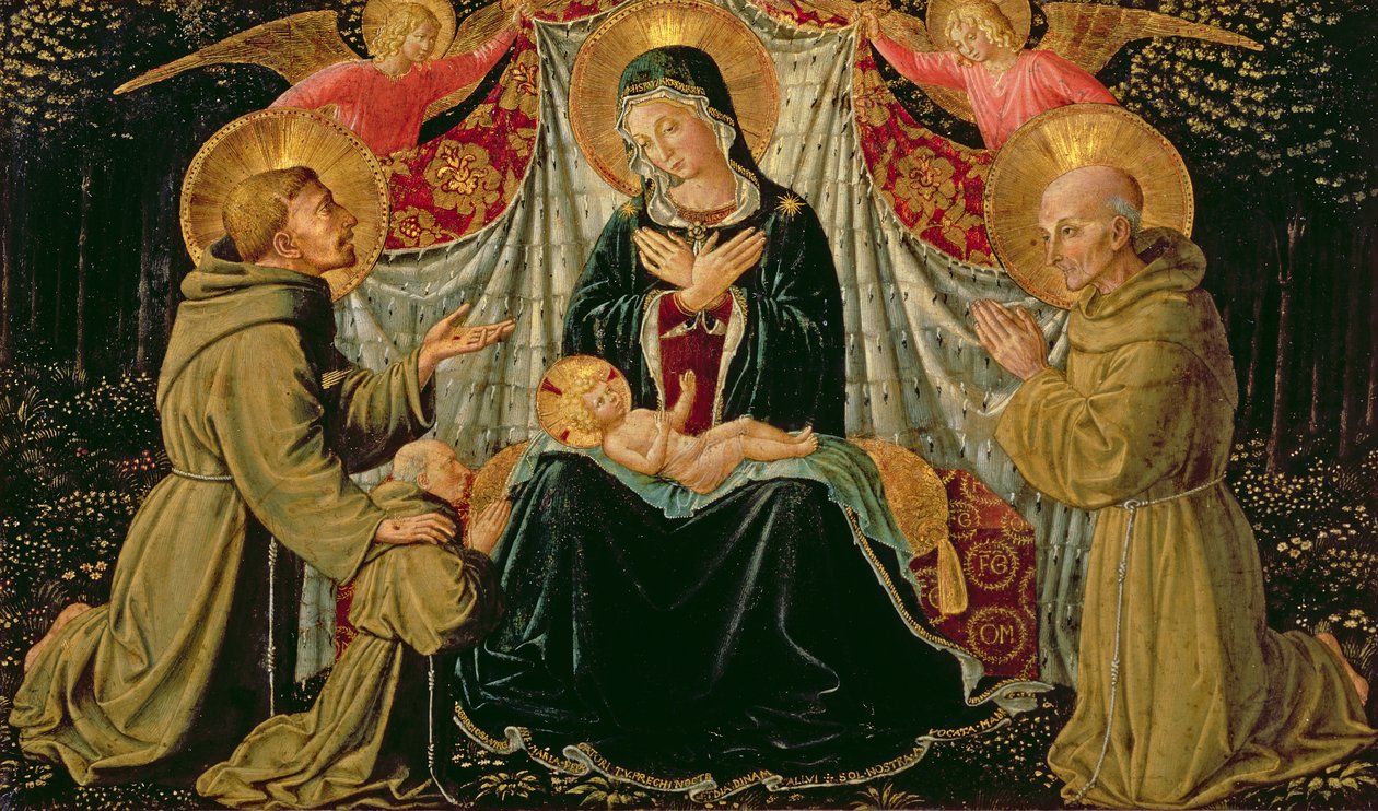 Madonna és gyermeke Szent Ferenccel és az adományozóval, Fra Jacopo da Montefalcóval (balra) és Sienai Szent Bernardinóval (jobbra), 1452 körül (panel) alkotó: Benozzo di Lese di Sandro Gozzoli