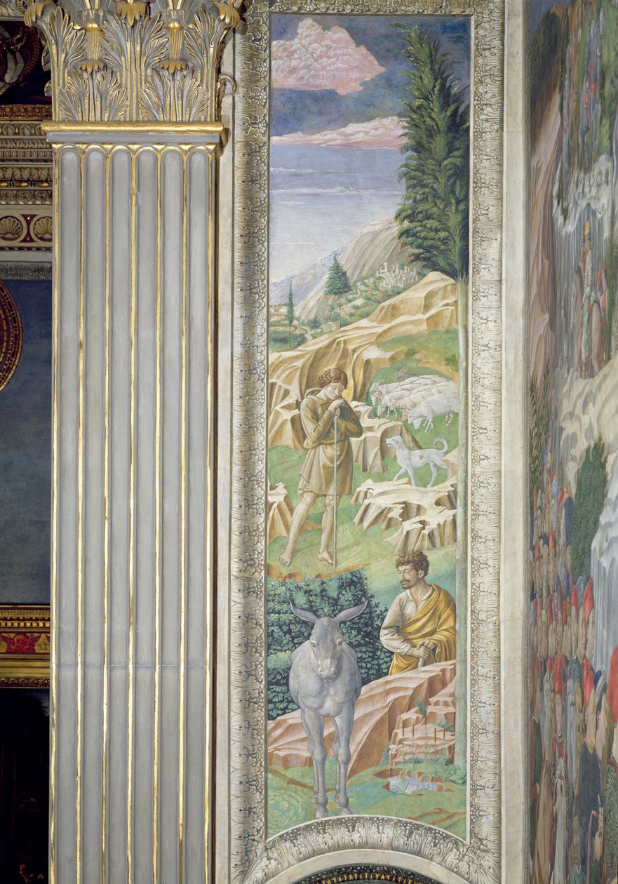 Pásztor és nyája, a kápolna Bölcsek utazása ciklusának jobb oldali fala melletti tábla, 1460 körül. alkotó: Benozzo di Lese di Sandro Gozzoli