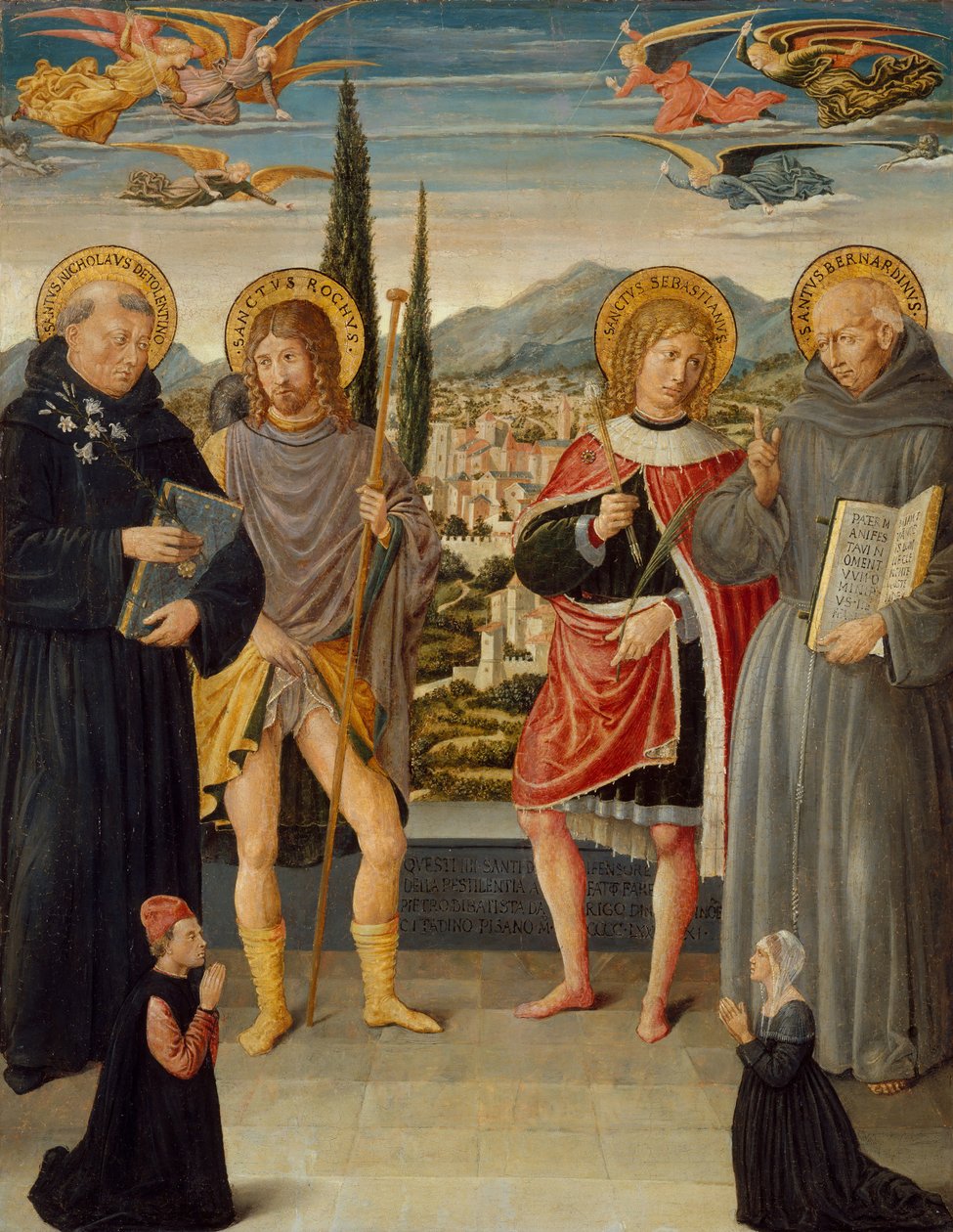 Tolentinoi Szent Miklós, Roch, Sebastian és Sienai Bernardino..., 1481. alkotó: Benozzo Gozzoli