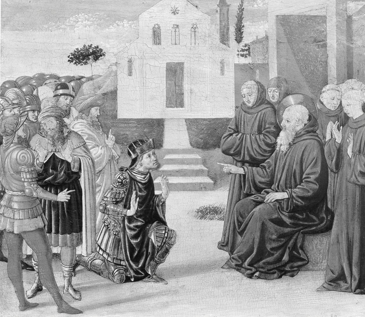 Totila Szent Benedek előtt. alkotó: Benozzo Gozzoli