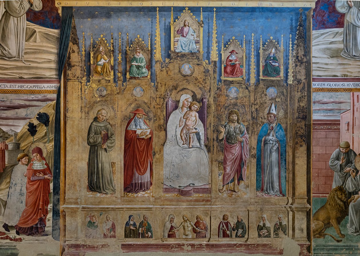 Hamis poliptichon Szűz Máriával és Gyermekével, Páduai Szent Antal, Szent Jeromos, Toulouse-i Szent János és Szent Lajos, Szent Jeromos kápolna alkotó: Benozzo di Lese di Sandro Gozzoli