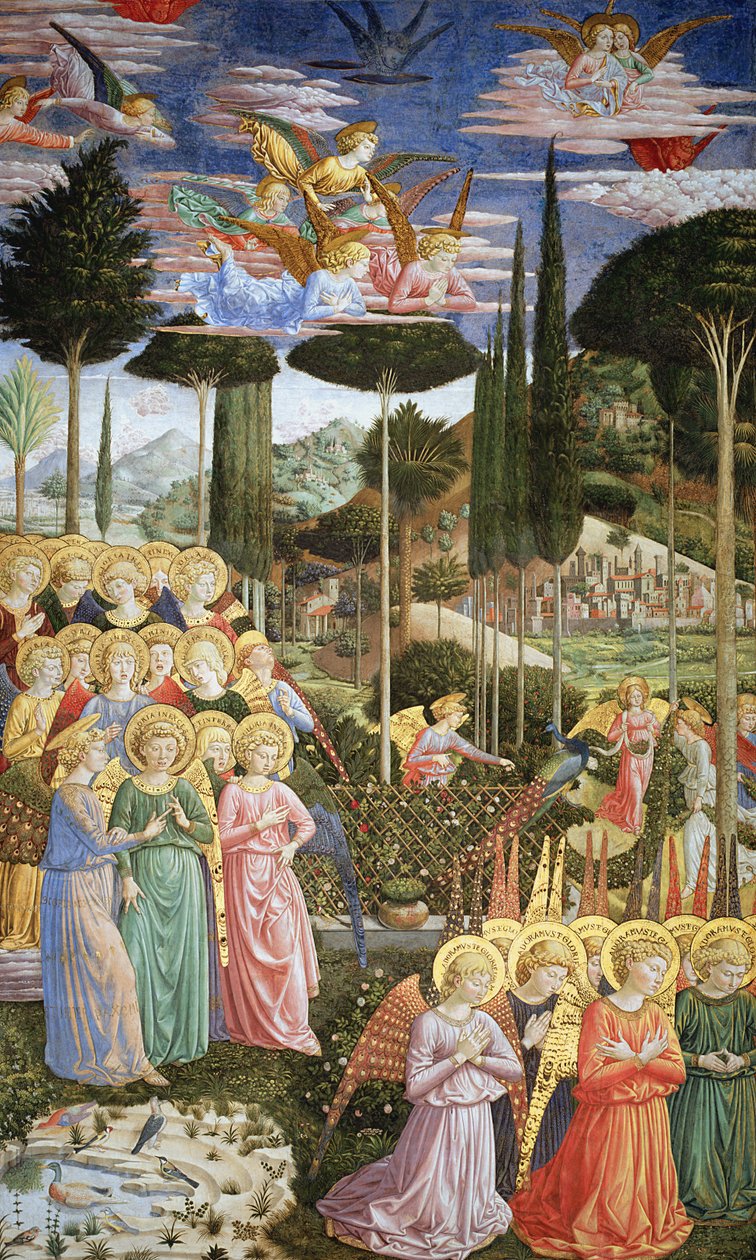 Angyalok mennyei tájban, az apszis bal oldali falán, a Bölcsek utazása ciklusból a kápolnában 1460 körül (részletet lásd 83051). alkotó: Benozzo di Lese di Sandro Gozzoli