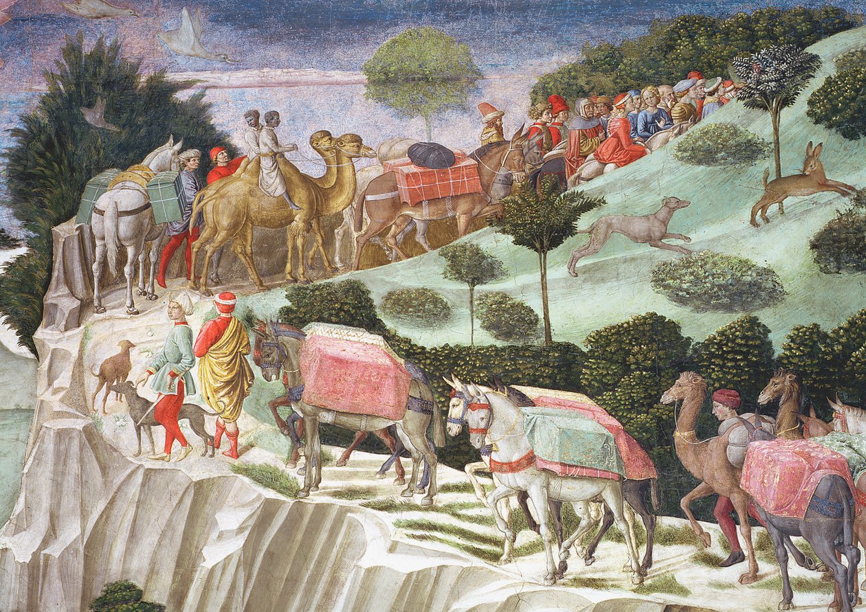 Dombra mászó teherhordó állatok karavánja, részlet a kápolnában a Mágusok utazása ciklusból, 1460 körüli freskórészlet a 70601-ből alkotó: Benozzo di Lese di Sandro Gozzoli