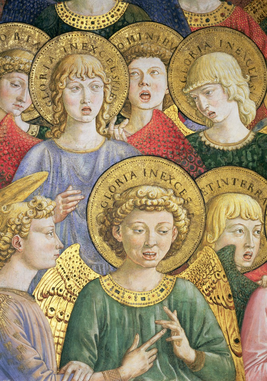 Angyalkórus, részlet a Mágusok utazása ciklusból a kápolnában, 1460 körüli freskórészlet a 70610-ből alkotó: Benozzo di Lese di Sandro Gozzoli