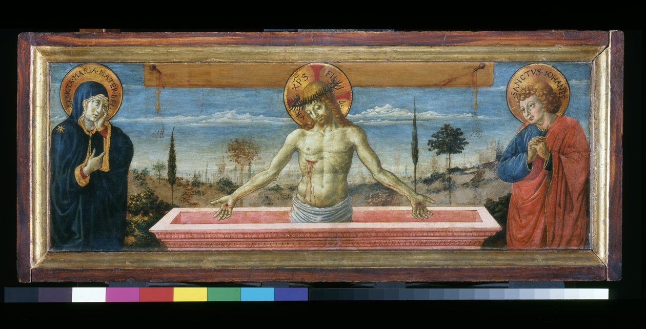 Krisztus a jámborságban a Szűz és Szent János között, 1450 körül alkotó: Benozzo di Lese di Sandro Gozzoli