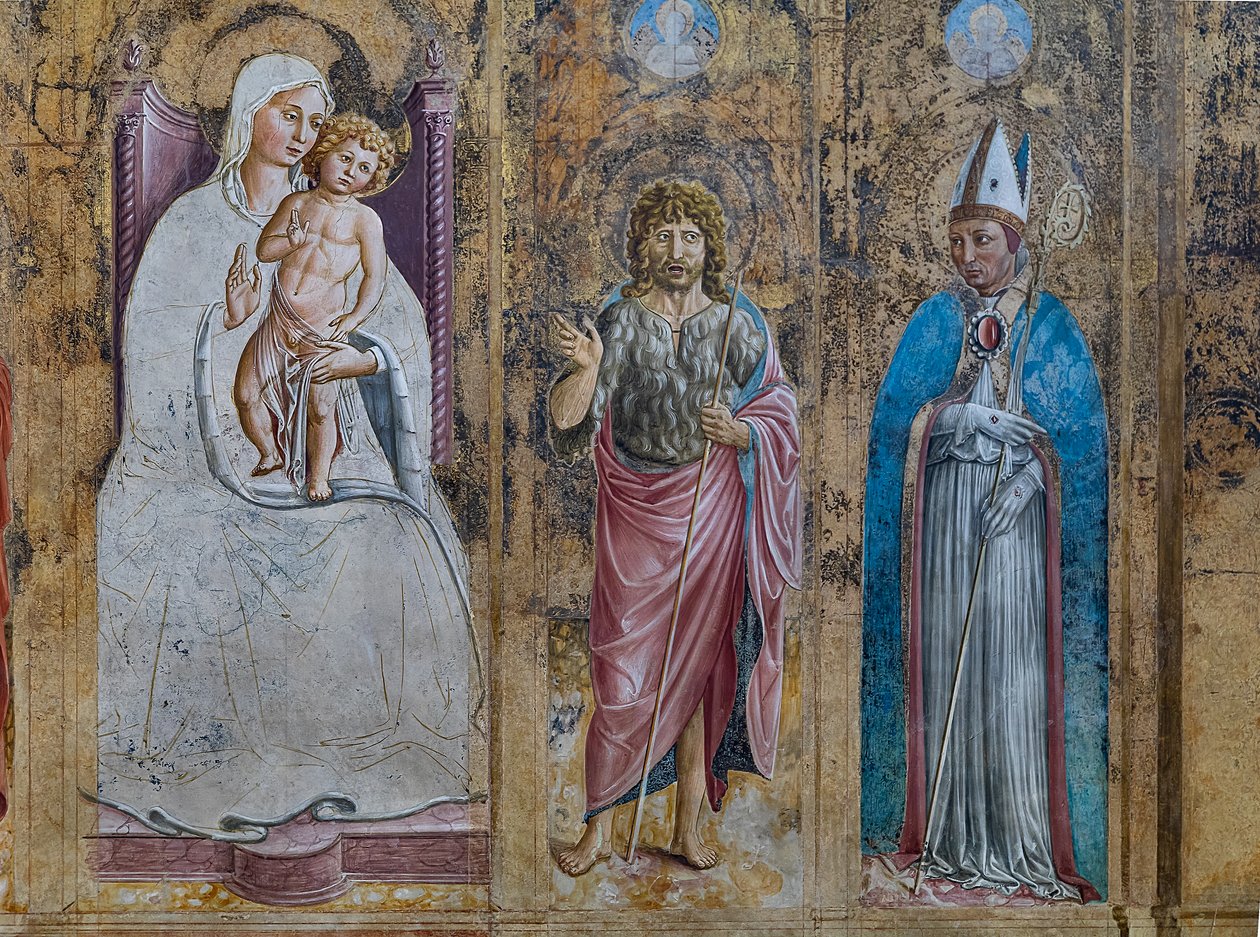 Részlet egy hamis poliptichonról Szűz Máriával és Gyermekével, Páduai S. Anthonyval, Toulouse-i Szent Jánossal és Szent Lajossal, Szent Jeromos-kápolna alkotó: Benozzo di Lese di Sandro Gozzoli