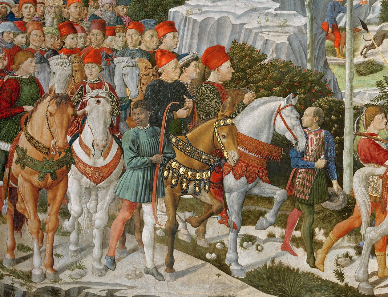 Galeazzo Maria Sforza milánói herceg (1444-76), bal szélső, barna lovon és mellette Sigismondo Pandolfo Malatesta, Rimini uralkodója (1417-68) szürke lovon, részlet a Journey of the M-ből alkotó: Benozzo di Lese di Sandro Gozzoli